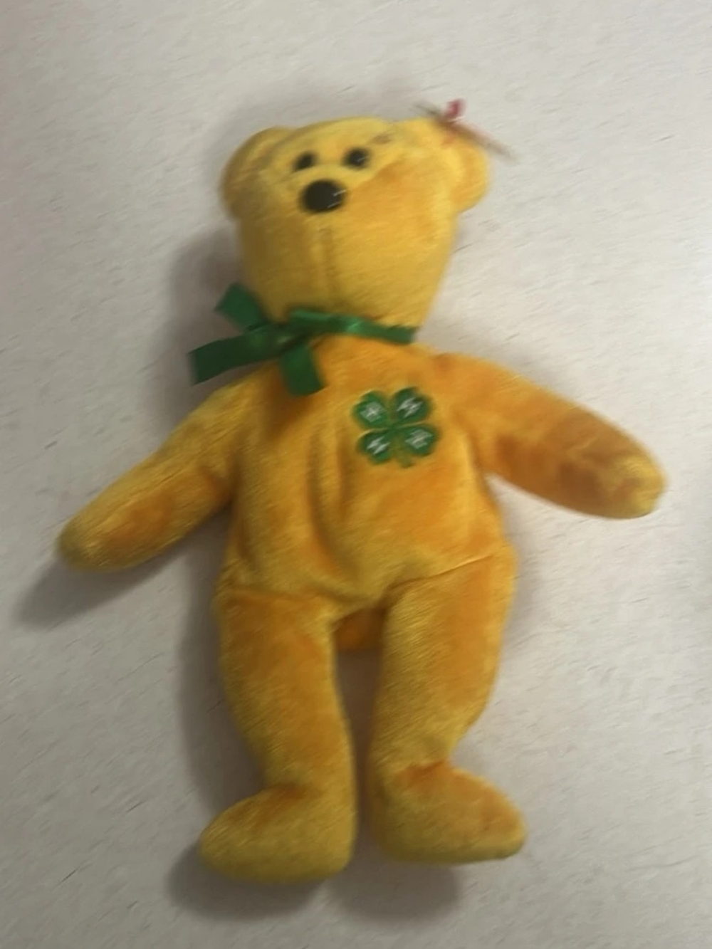 Ty Yellow Plush Bear with Green Ribbon and Clover Accent